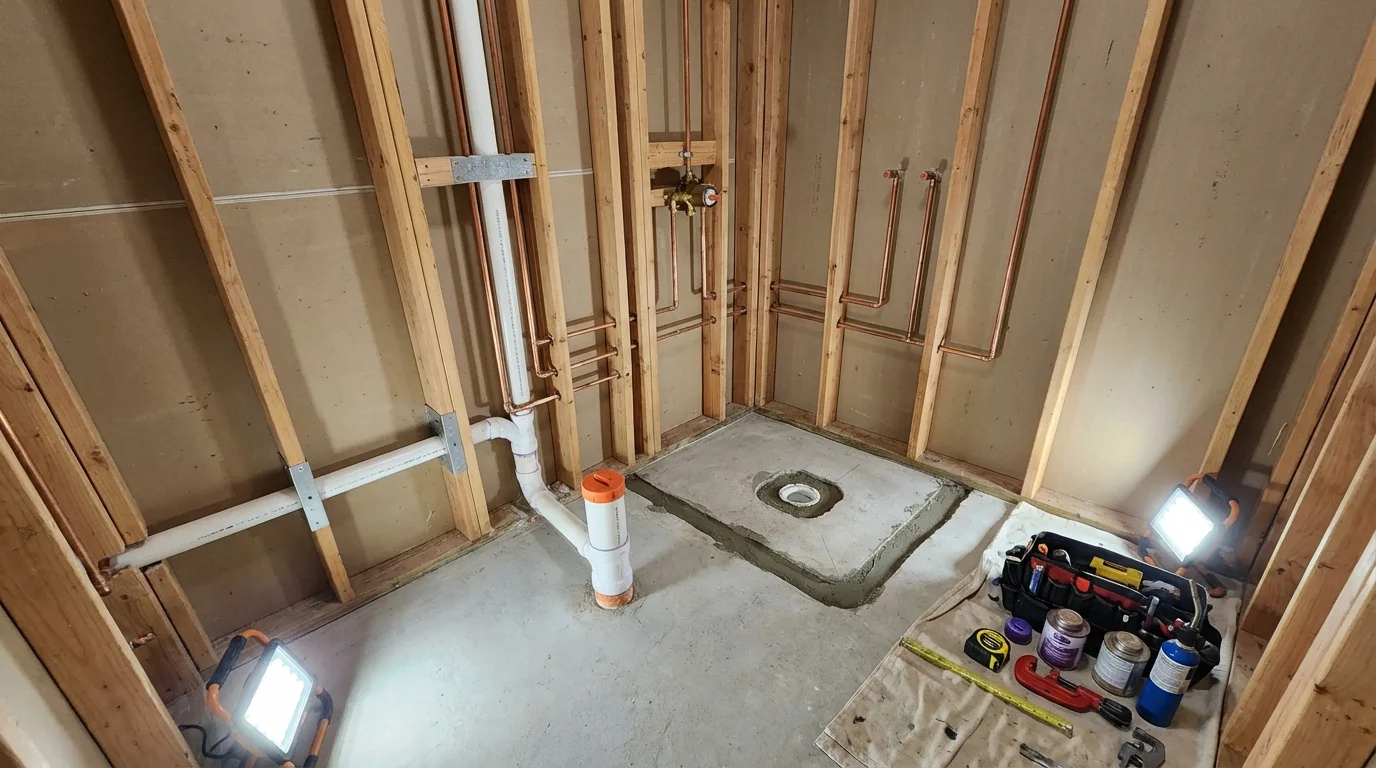 Bathroom rough-in plumbing during remodel by Johns Plumbing LLC in Lake Isabella