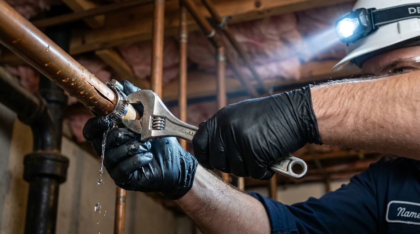Emergency pipe clamp repair being performed by a Johns Plumbing LLC plumber in Lake Isabella