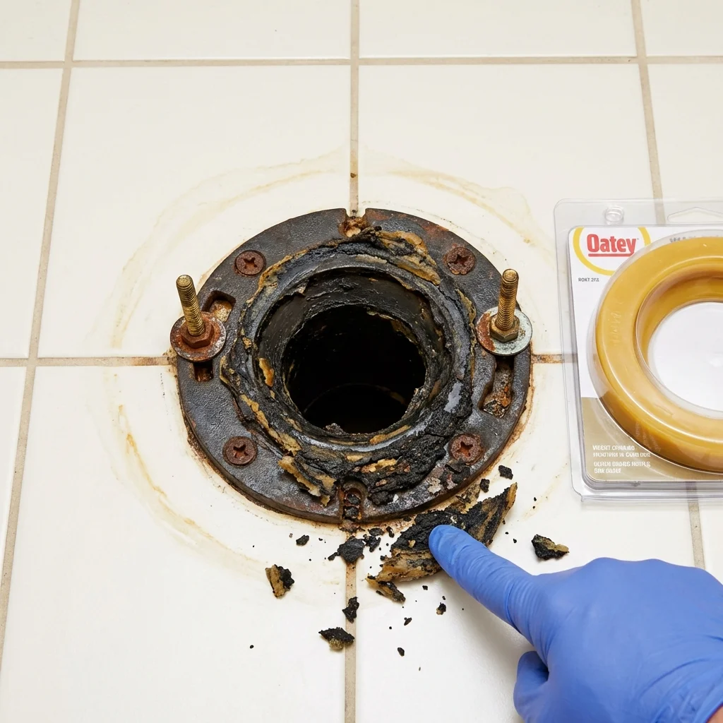 Failed wax ring showing water seepage at the base of a toilet in a Lake Isabella, CA home