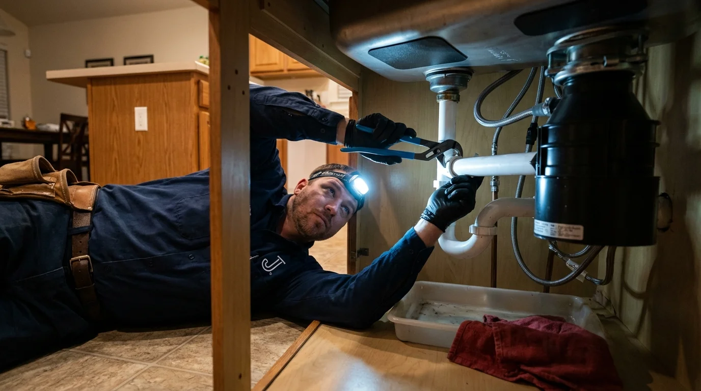 P-trap and supply line connections under a kitchen sink showing a common leak point in Lake Isabella, CA